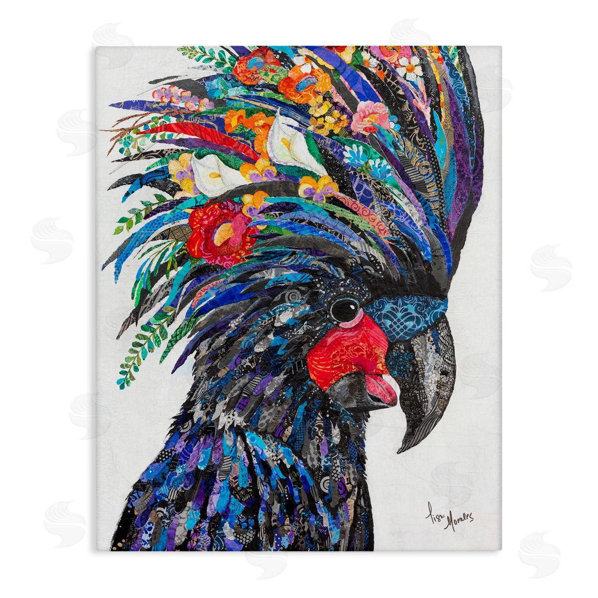 Lisa Morales Black Palm Cockatoo Bird Floral Pattern  Stretched Canvas Wall Art Print