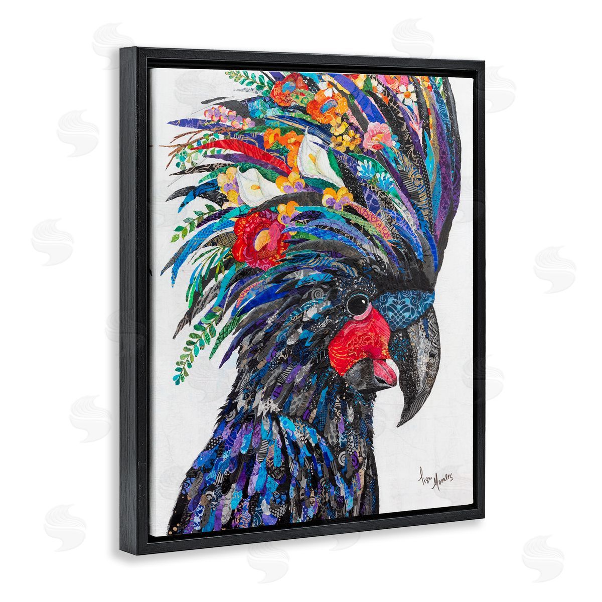Lisa Morales Black Palm Cockatoo Bird Floral Pattern  Black Floating Frame Canvas Wall Art Print