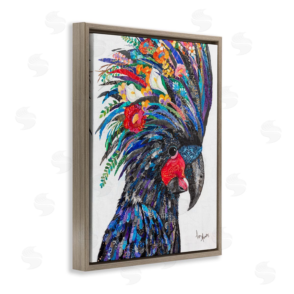 Lisa Morales Black Palm Cockatoo Bird Floral Pattern  Brown Floating Frame Canvas Wall Art Print