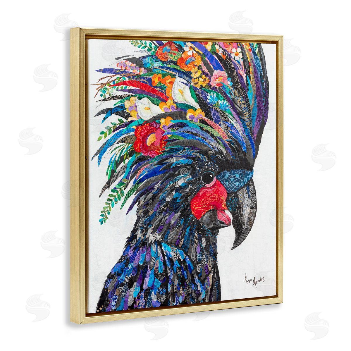 Lisa Morales Black Palm Cockatoo Bird Floral Pattern  Gold Floating Frame Canvas Wall Art Print