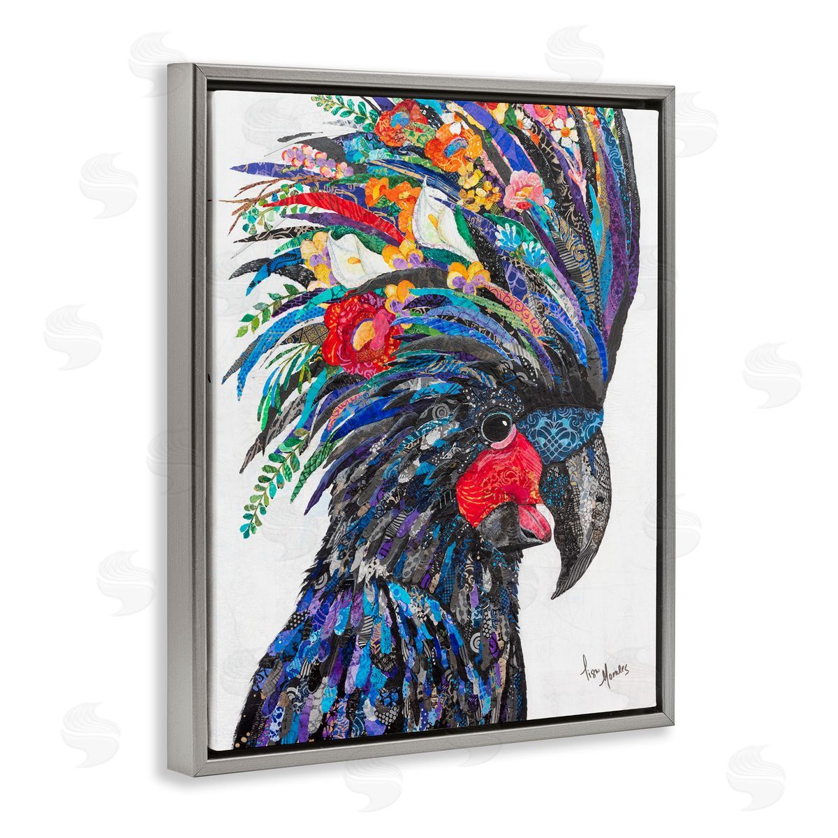 Lisa Morales Black Palm Cockatoo Bird Floral Pattern  Gray Floating Frame Canvas Wall Art Print