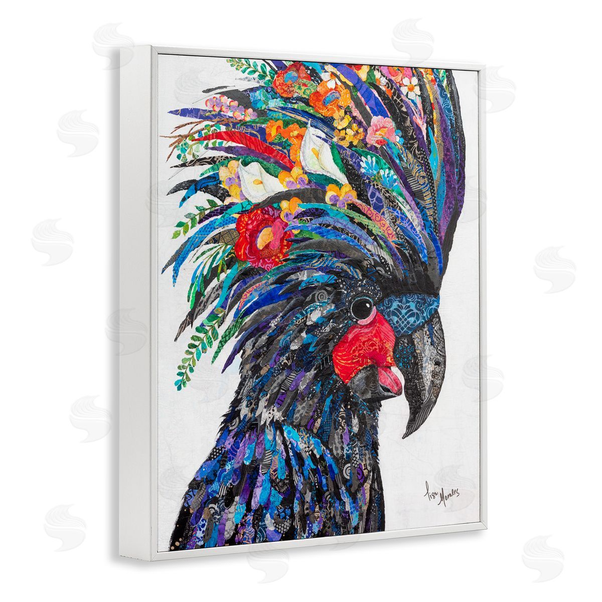 Lisa Morales Black Palm Cockatoo Bird Floral Pattern  White Framed Giclee Wall Art Print