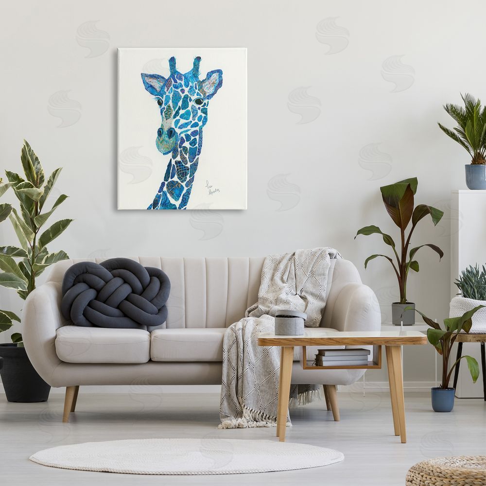 Lisa Morales Blue Giraffe Varied Assortment Animal Painting Canvas Wall Art Print in Room