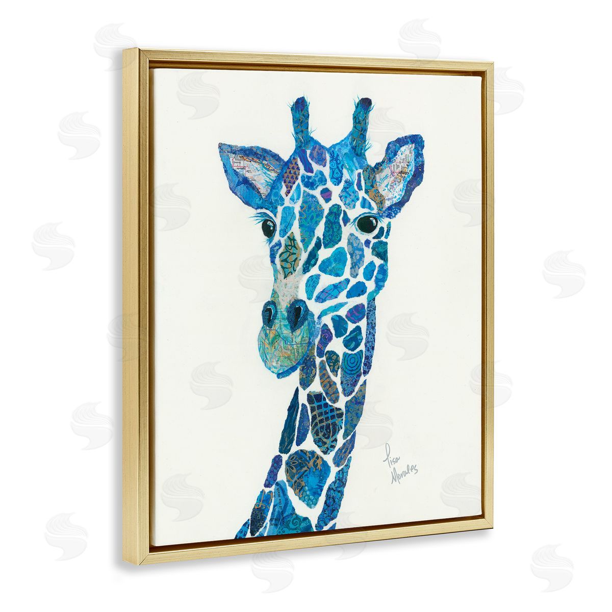 Lisa Morales Blue Giraffe Varied Assortment Animal Painting Gold Floating Frame Canvas Wall Art Print