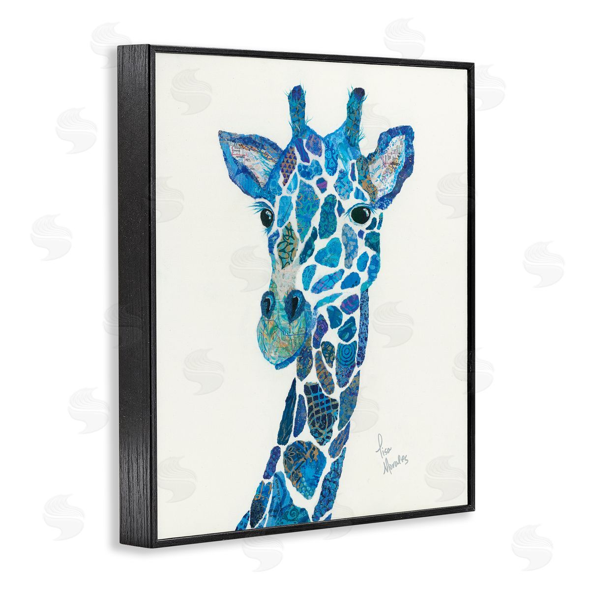 Lisa Morales Blue Giraffe Varied Assortment Animal Painting Black Framed Giclee Wall Art Print
