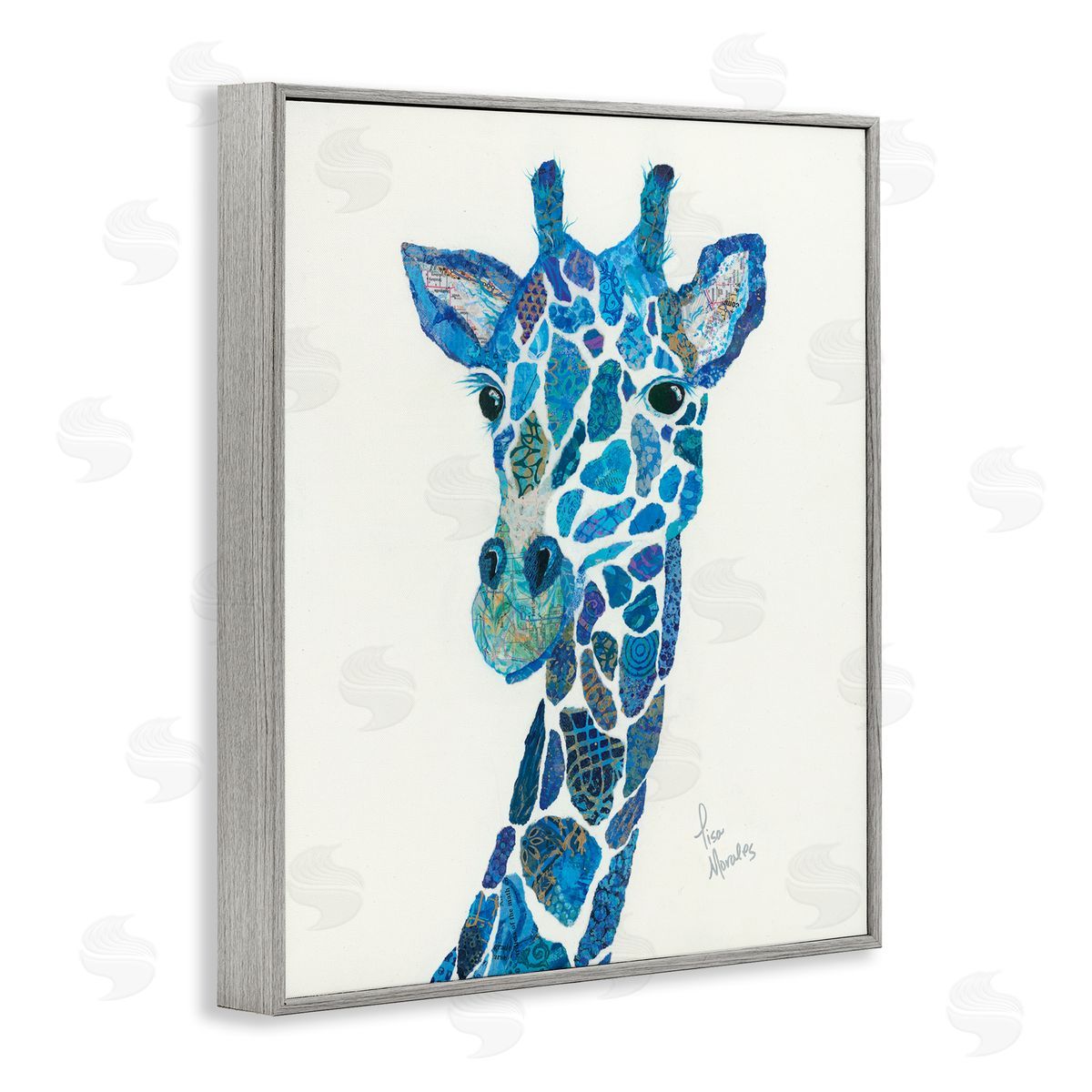 Lisa Morales Blue Giraffe Varied Assortment Animal Painting Gray Framed Giclee Wall Art Print