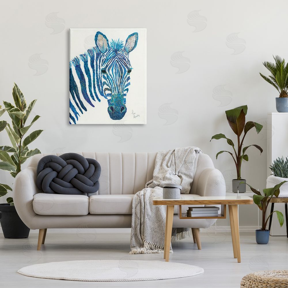 Lisa Morales Blue Zebra Stripes Wildlife Portrait  Canvas Wall Art Print in Room