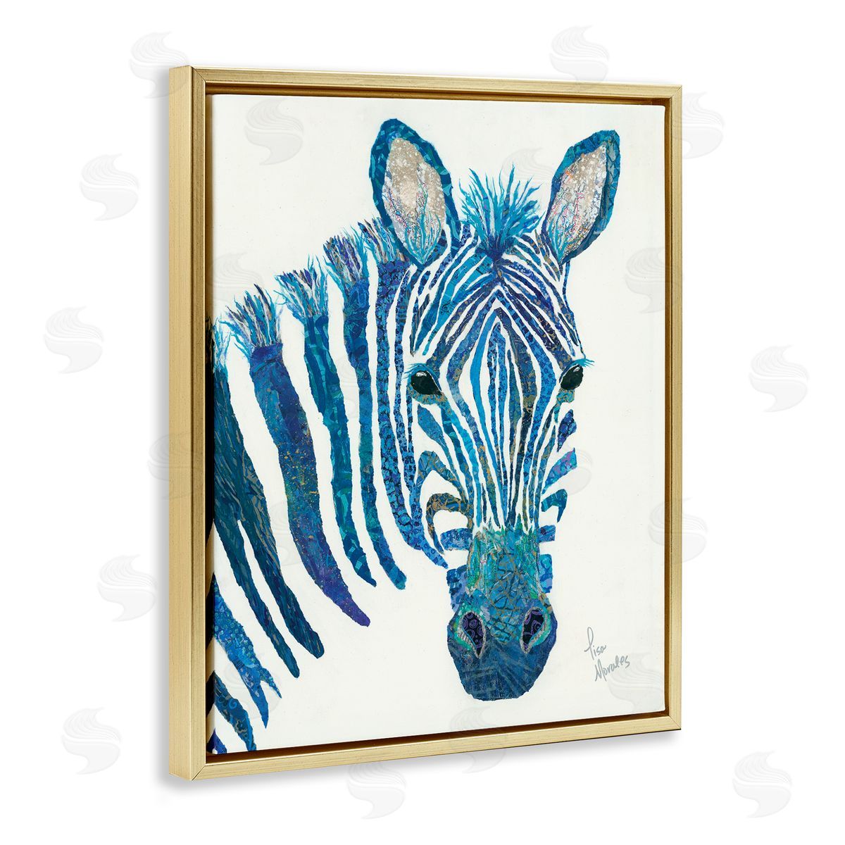 Lisa Morales Blue Zebra Stripes Wildlife Portrait  Gold Floating Frame Canvas Wall Art Print