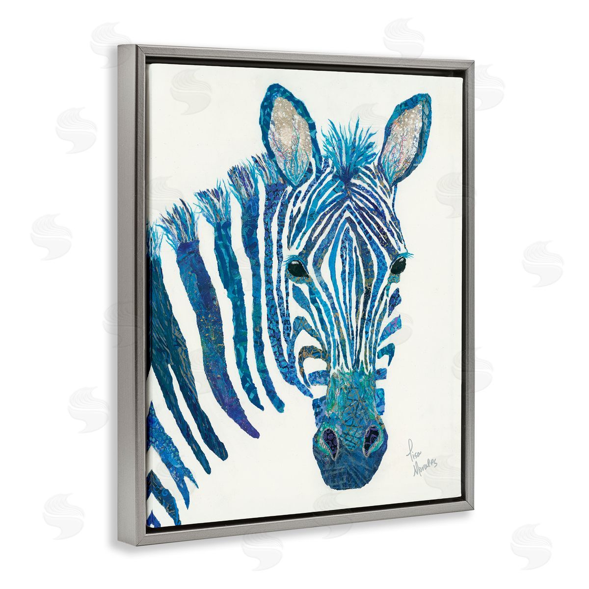 Lisa Morales Blue Zebra Stripes Wildlife Portrait  Gray Floating Frame Canvas Wall Art Print