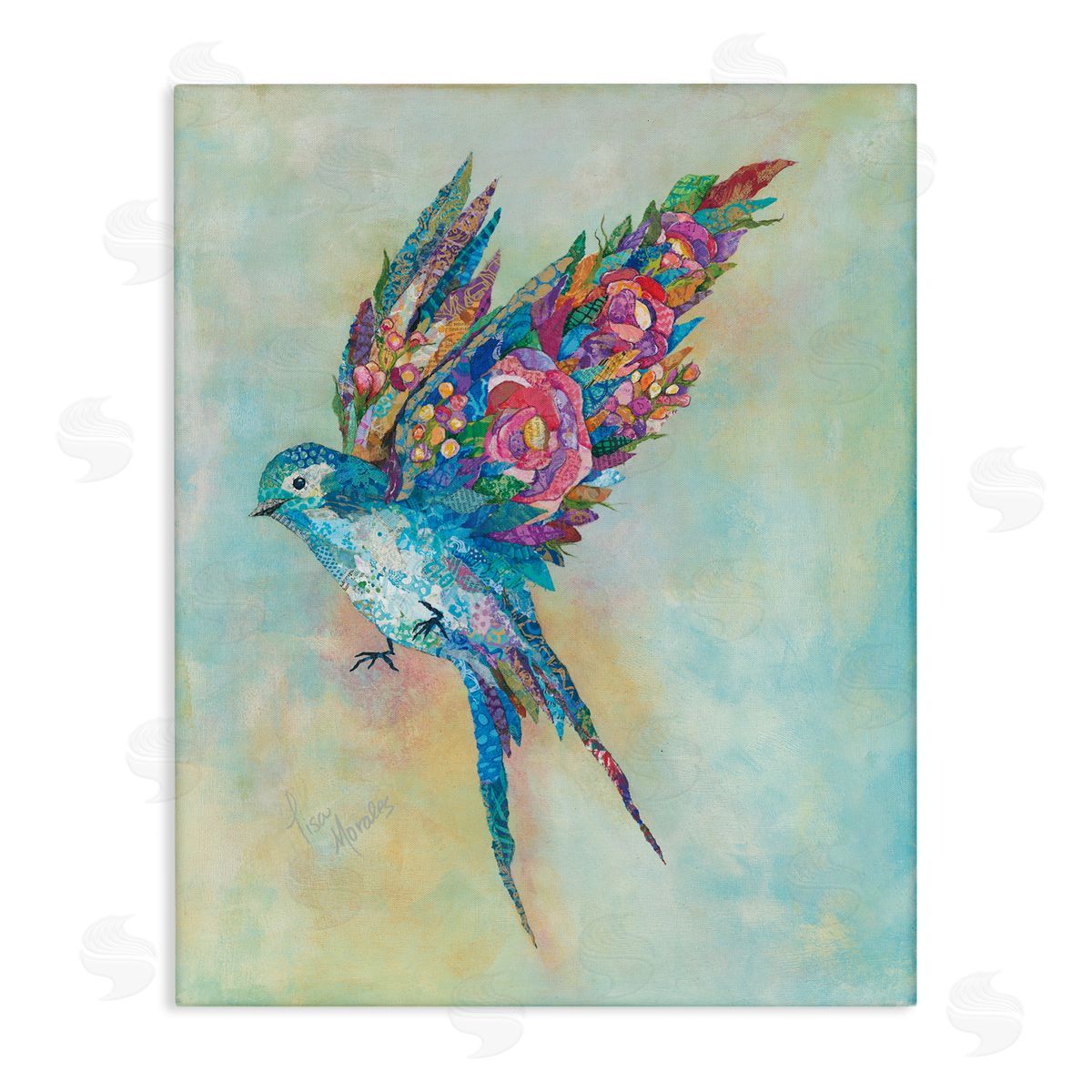 Lisa Morales Botanical Swallow Floral Blossom Wings Bird Painting Stretched Canvas Wall Art Print