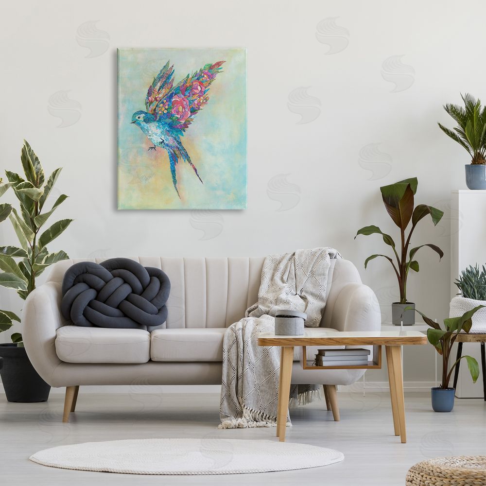 Lisa Morales Botanical Swallow Floral Blossom Wings Bird Painting Canvas Wall Art Print in Room