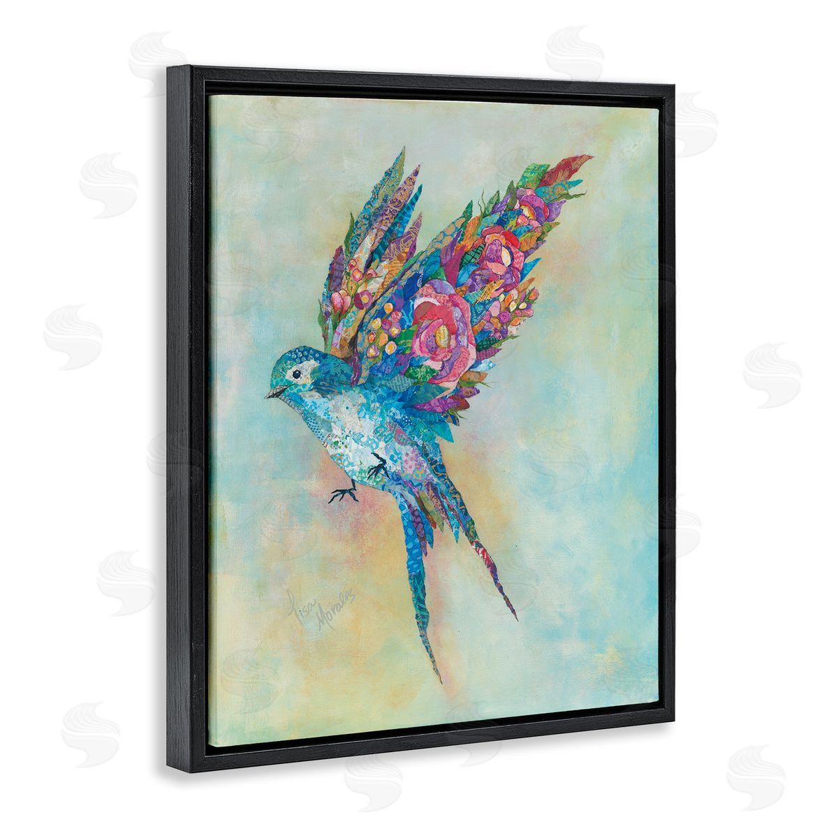 Lisa Morales Botanical Swallow Floral Blossom Wings Bird Painting Black Floating Frame Canvas Wall Art Print