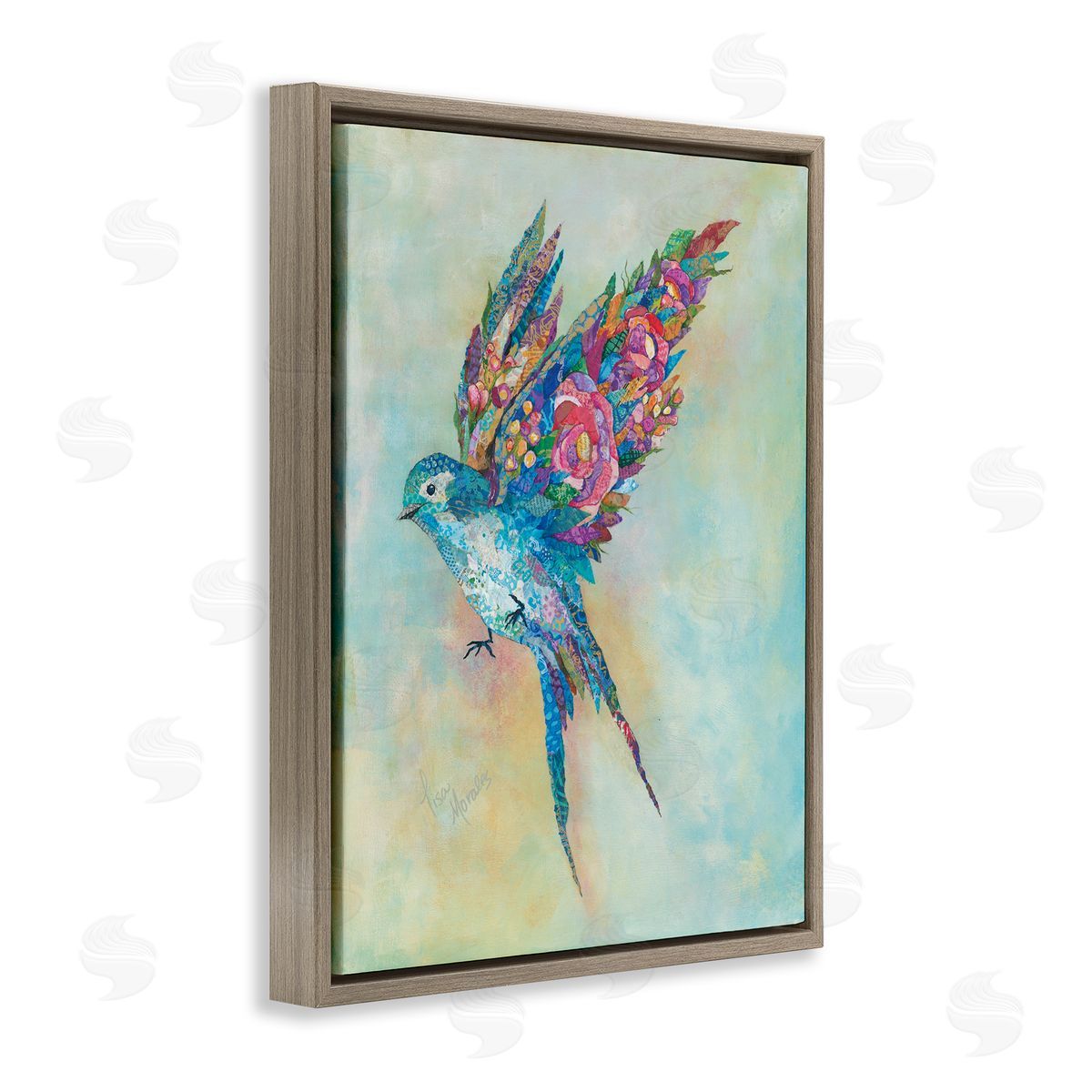 Lisa Morales Botanical Swallow Floral Blossom Wings Bird Painting Brown Floating Frame Canvas Wall Art Print