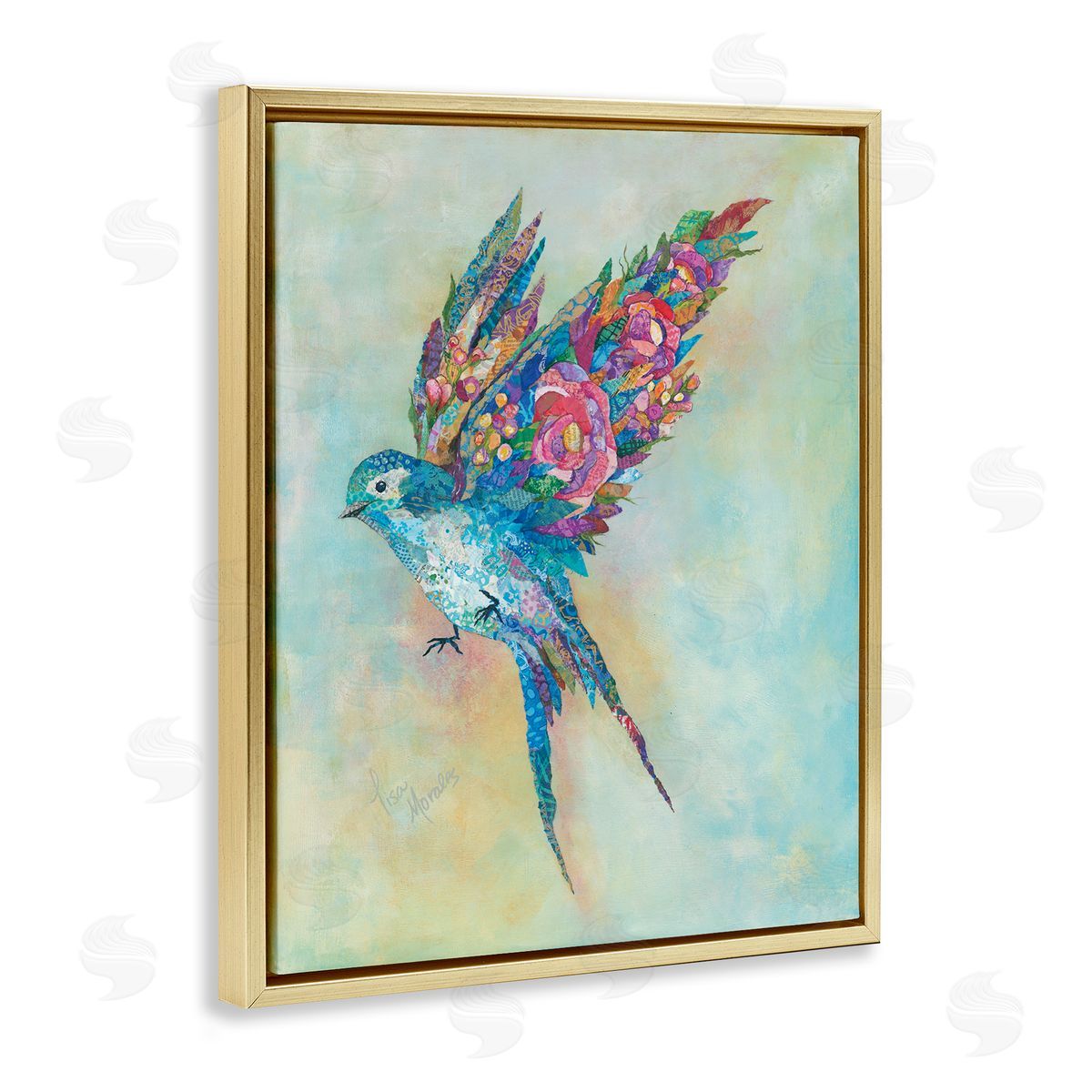 Lisa Morales Botanical Swallow Floral Blossom Wings Bird Painting Gold Floating Frame Canvas Wall Art Print