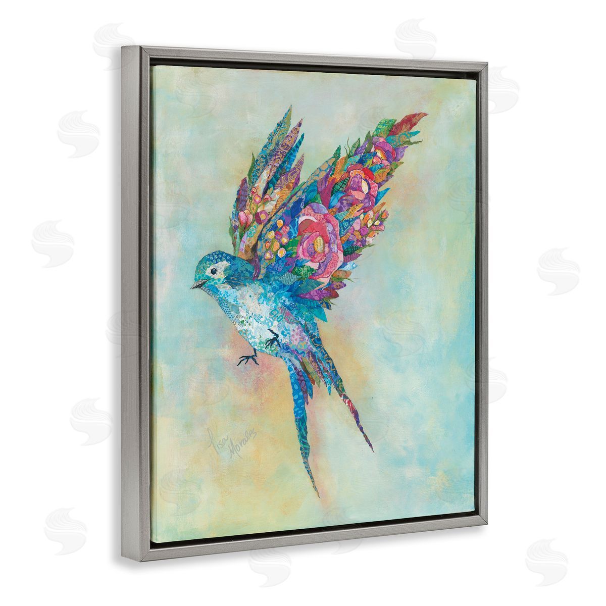 Lisa Morales Botanical Swallow Floral Blossom Wings Bird Painting Gray Floating Frame Canvas Wall Art Print
