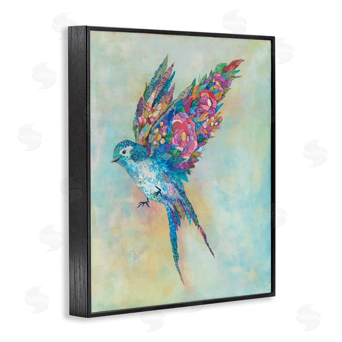 Lisa Morales Botanical Swallow Floral Blossom Wings Bird Painting Black Framed Giclee Wall Art Print