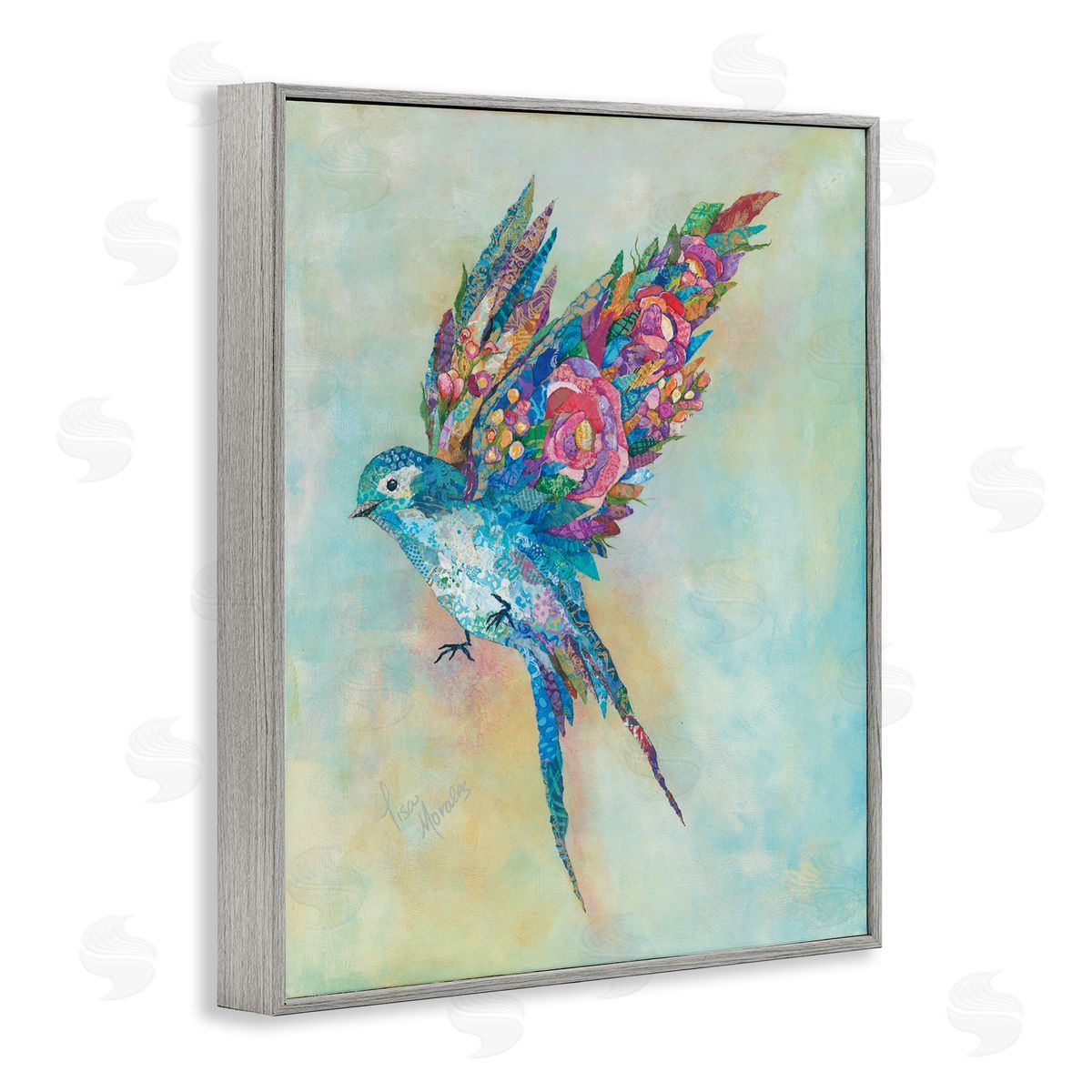 Lisa Morales Botanical Swallow Floral Blossom Wings Bird Painting Gray Framed Giclee Wall Art Print