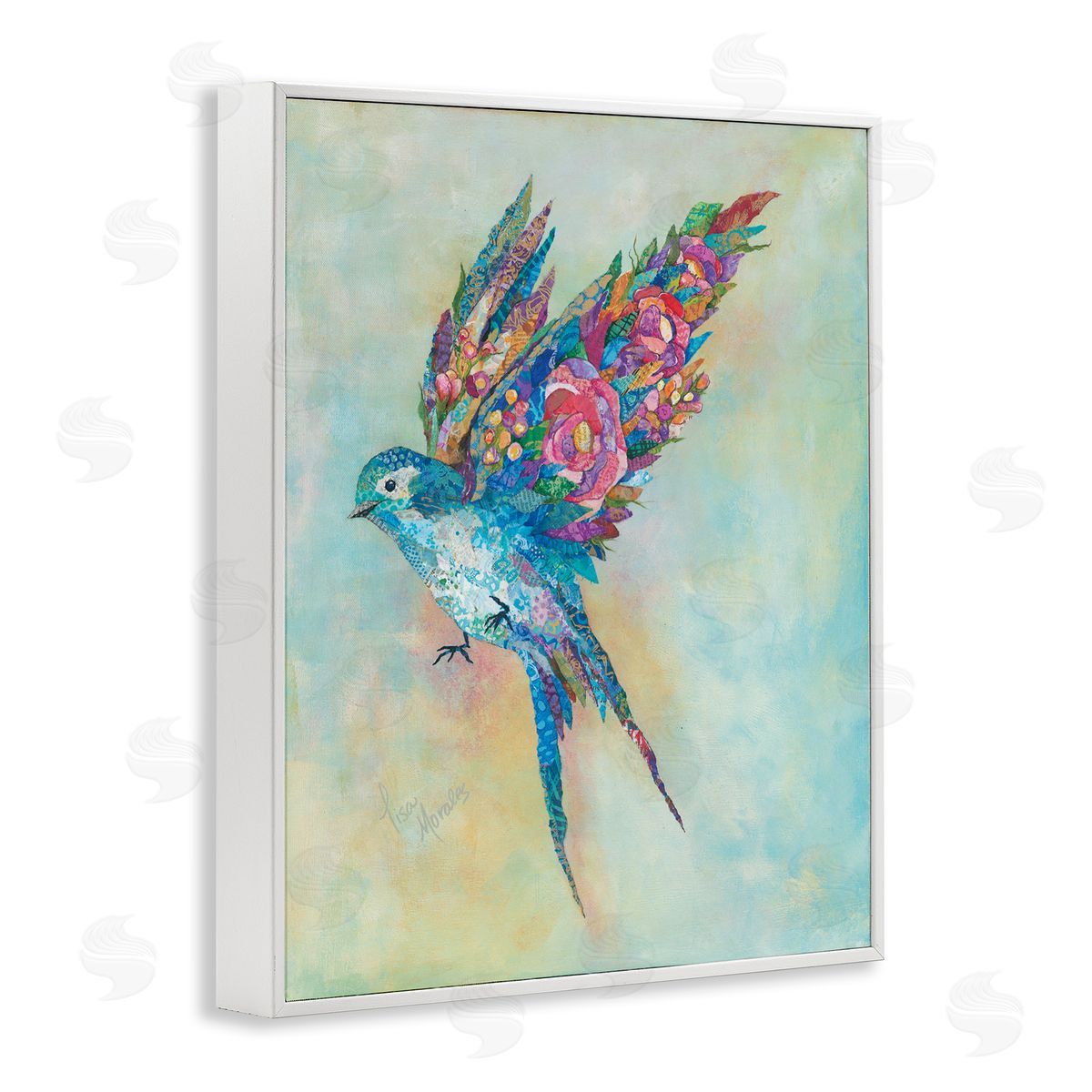 Lisa Morales Botanical Swallow Floral Blossom Wings Bird Painting White Framed Giclee Wall Art Print