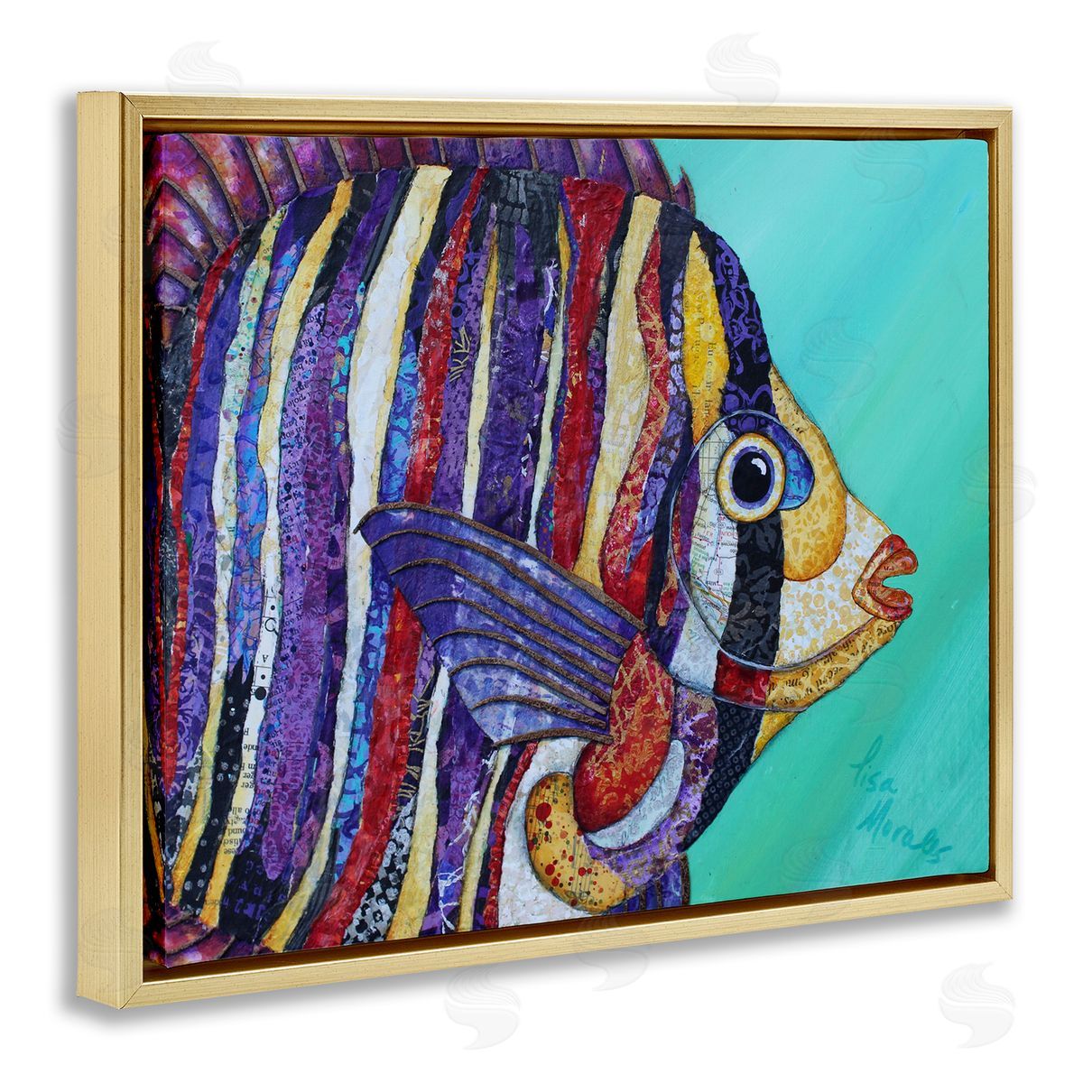 Lisa Morales Broad Fin Varied Layered Stripes Aquatic Fish Gold Floating Frame Canvas Wall Art Print