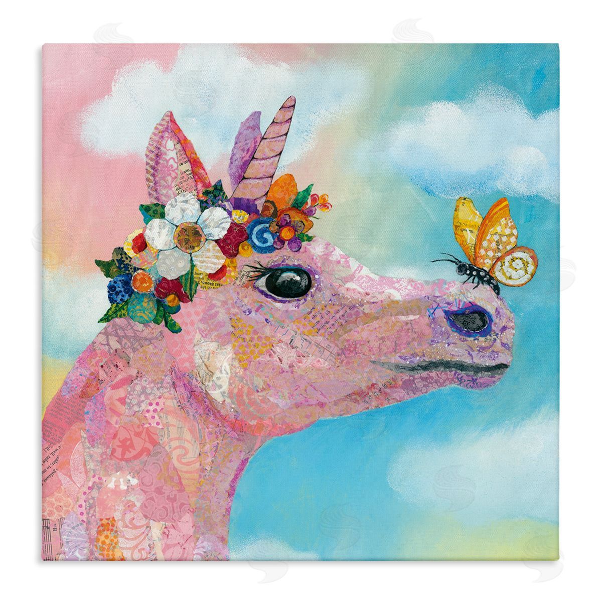 Lisa Morales Butterfly Kisses Pink Fantasy Unicorn Flower Blossoms Stretched Canvas Wall Art Print