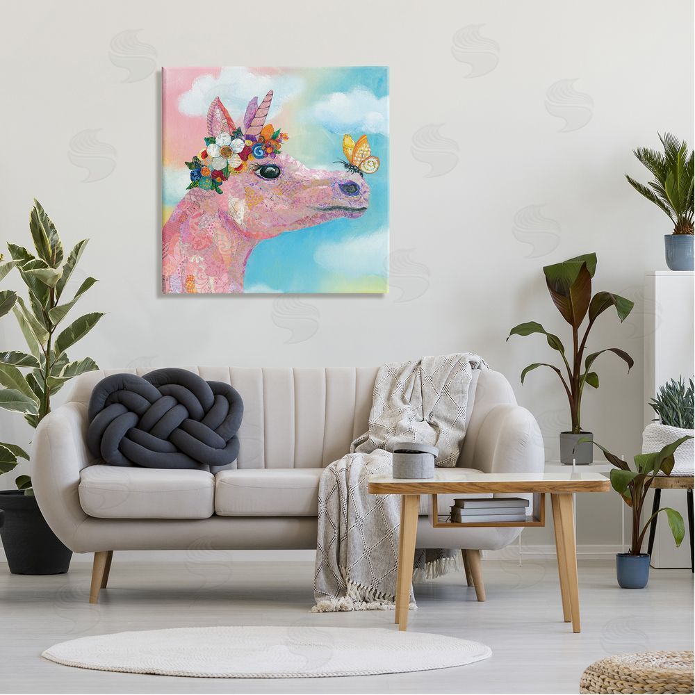 Lisa Morales Butterfly Kisses Pink Fantasy Unicorn Flower Blossoms Canvas Wall Art in Room