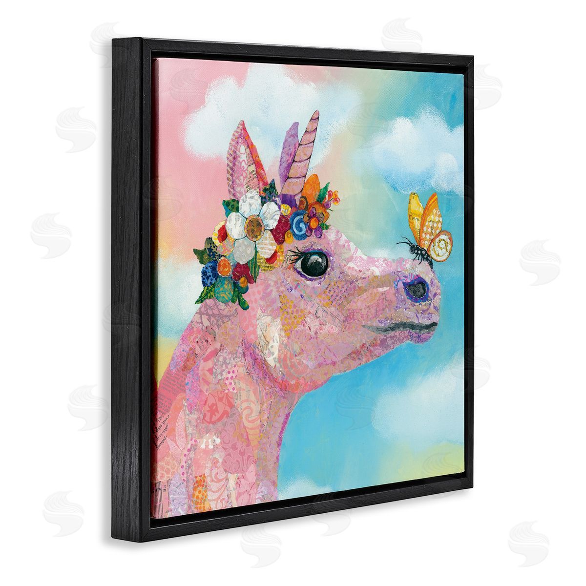 Lisa Morales Butterfly Kisses Pink Fantasy Unicorn Flower Blossoms Black Floating Frame Canvas Wall Art Print