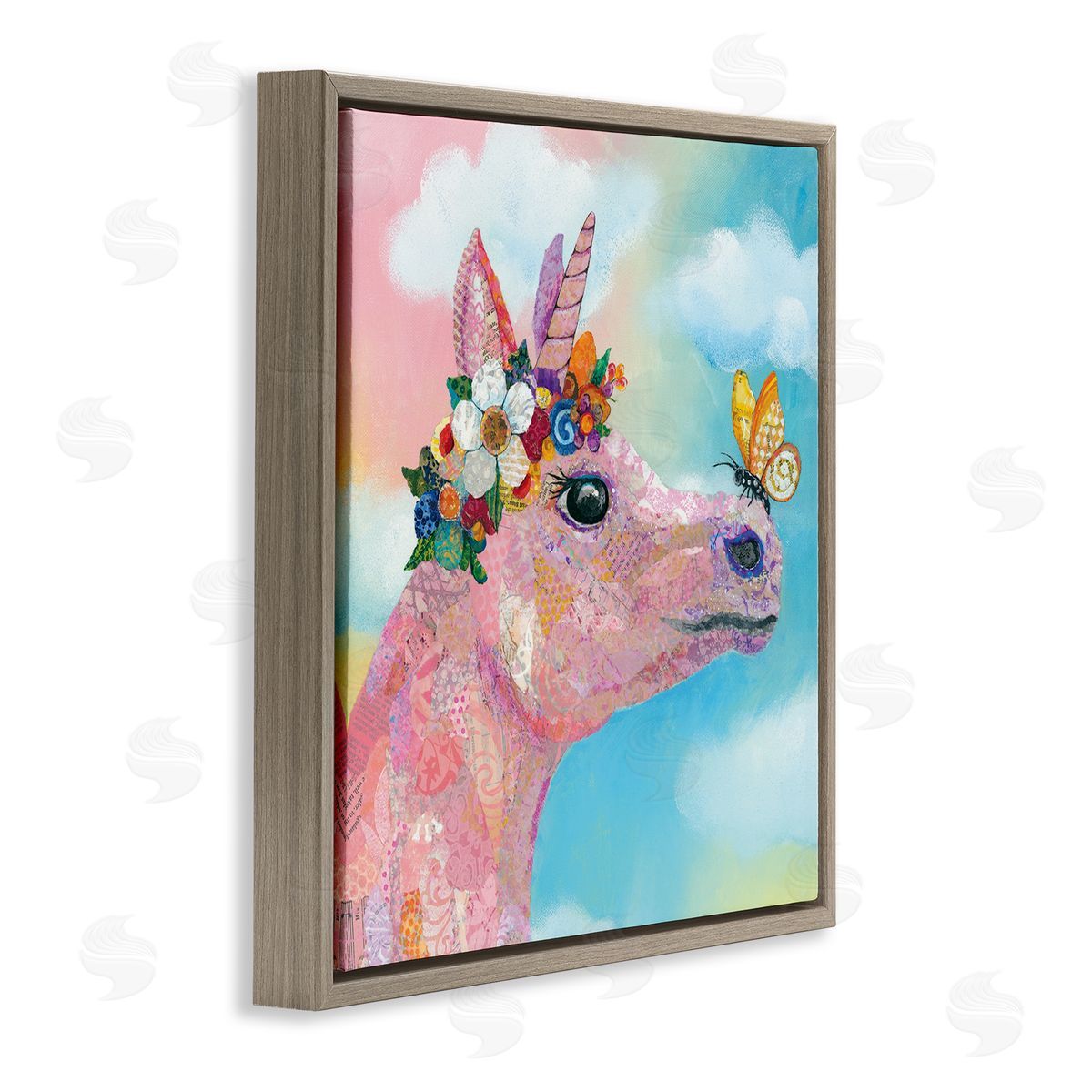 Lisa Morales Butterfly Kisses Pink Fantasy Unicorn Flower Blossoms Brown Floating Frame Canvas Wall Art Print