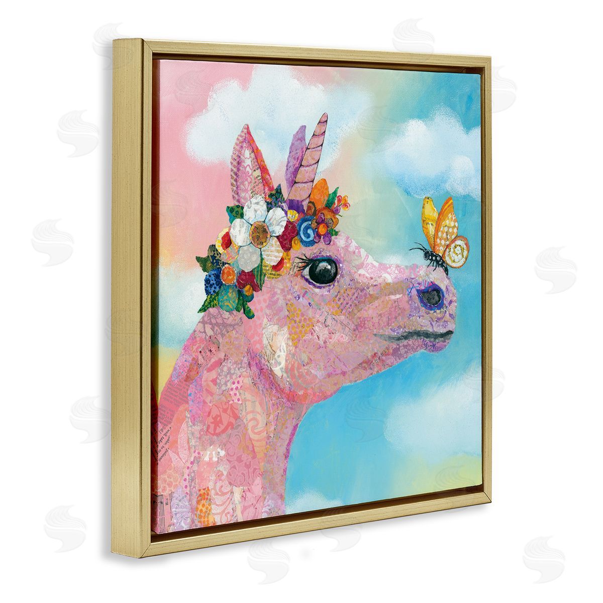 Lisa Morales Butterfly Kisses Pink Fantasy Unicorn Flower Blossoms Gold Floating Frame Canvas Wall Art Print