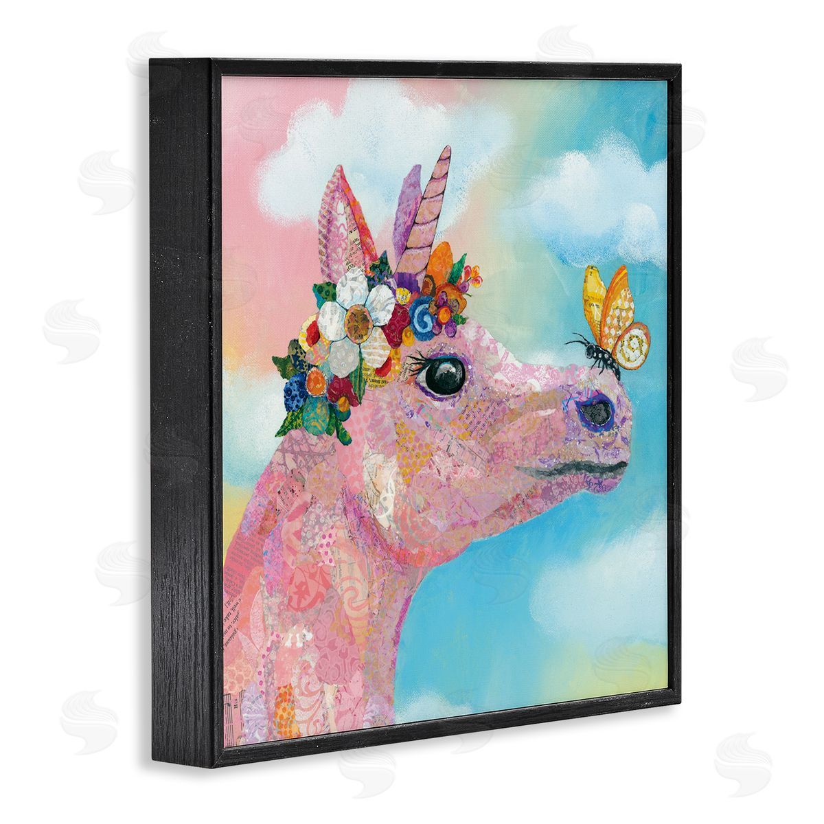 Lisa Morales Butterfly Kisses Pink Fantasy Unicorn Flower Blossoms Black Framed Glicee Wall Art Print