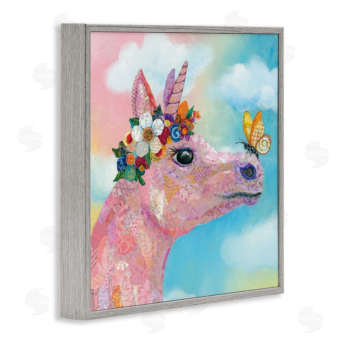 Lisa Morales Butterfly Kisses Pink Fantasy Unicorn Flower Blossoms Gray Framed Glicee Wall Art Print