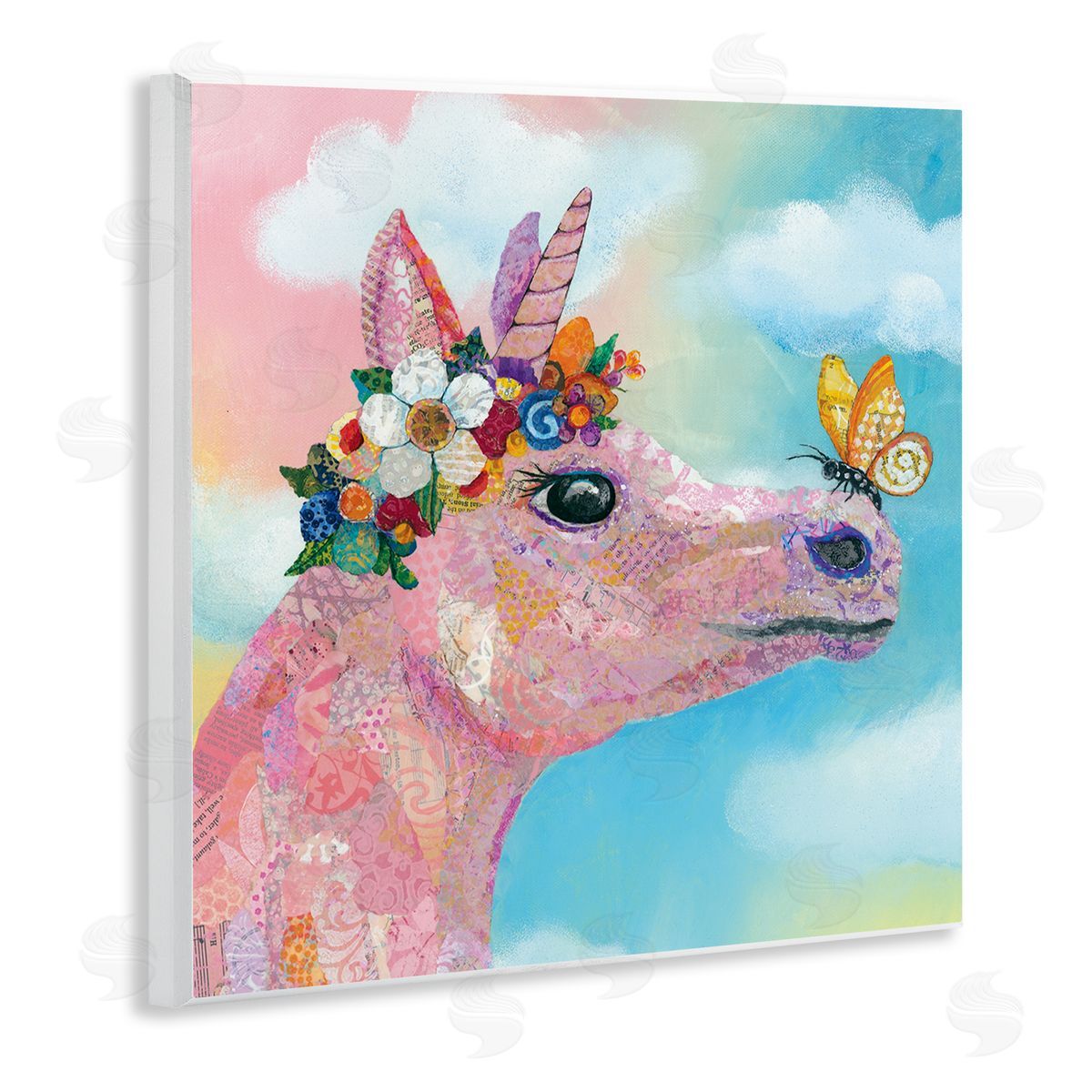 Lisa Morales Butterfly Kisses Pink Fantasy Unicorn Flower Blossoms Wooden Wall Plaque Art Print