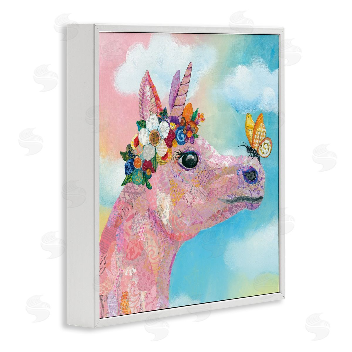 Lisa Morales Butterfly Kisses Pink Fantasy Unicorn Flower Blossoms White Framed Glicee Wall Art Print