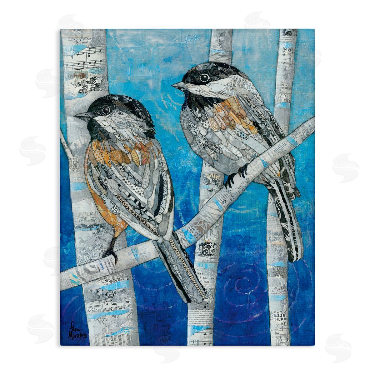 Lisa Morales Chickadees Perched Layered Ephemera Animal Birds  Stretched Canvas Wall Art Print