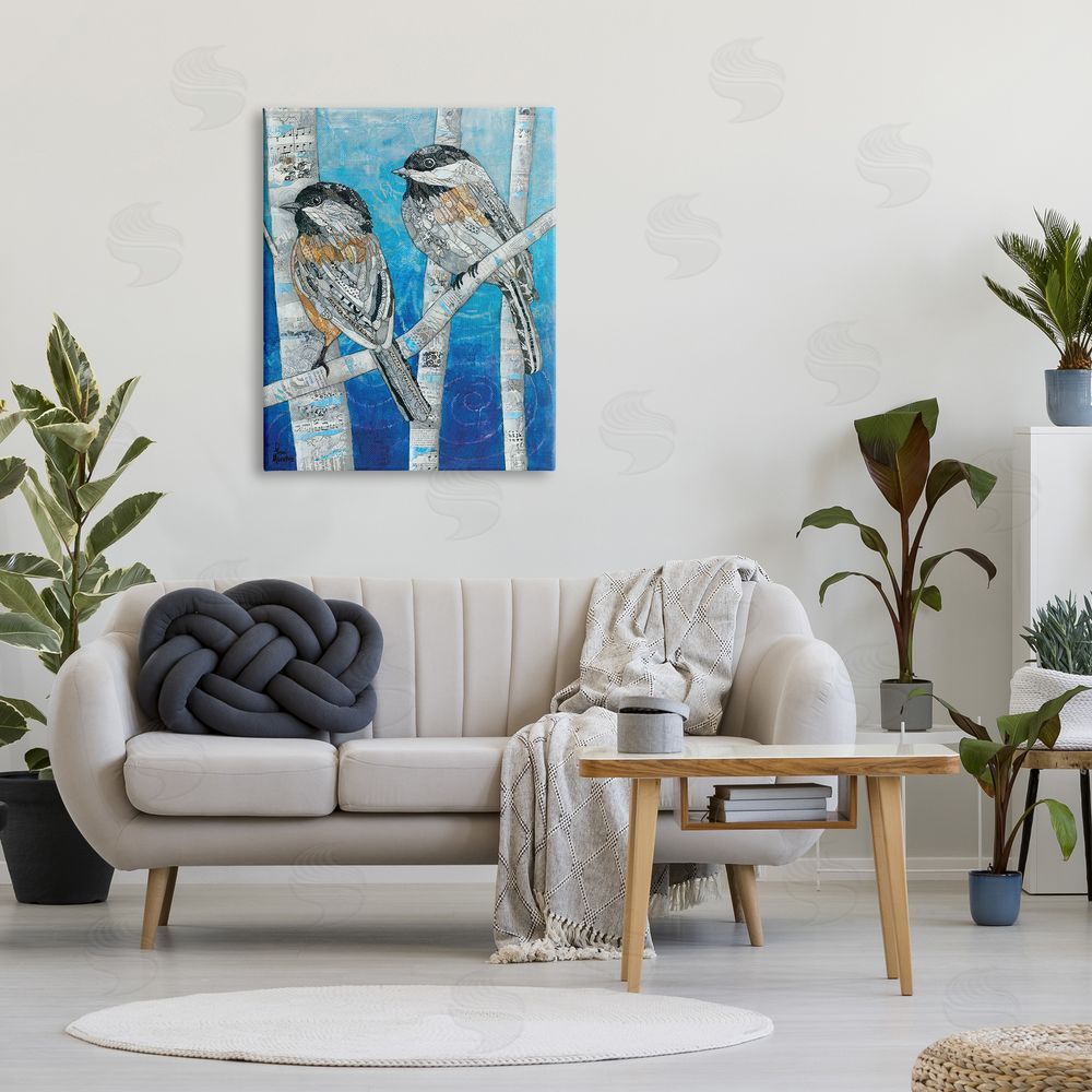 Lisa Morales Chickadees Perched Layered Ephemera Animal Birds  Canvas Wall Art Print in Room