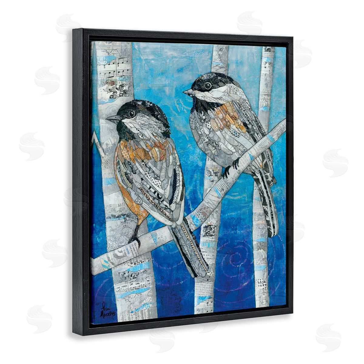 Lisa Morales Chickadees Perched Layered Ephemera Animal Birds  Black Floating Frame Canvas Wall Art Print