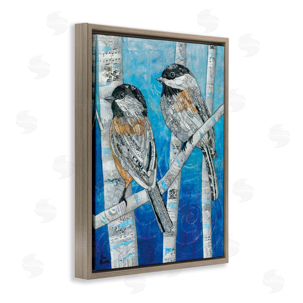 Lisa Morales Chickadees Perched Layered Ephemera Animal Birds  Brown Floating Frame Canvas Wall Art Print