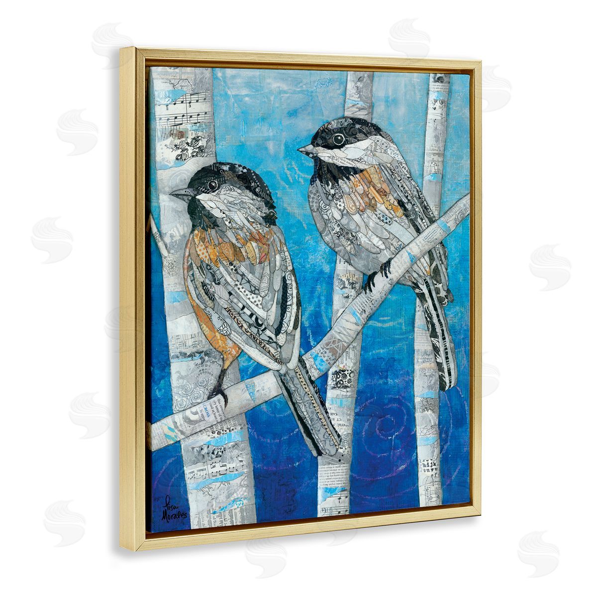 Lisa Morales Chickadees Perched Layered Ephemera Animal Birds  Gold Floating Frame Canvas Wall Art Print
