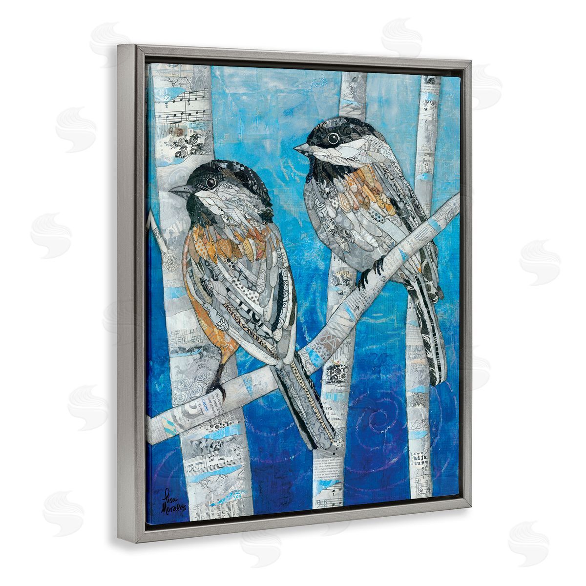 Lisa Morales Chickadees Perched Layered Ephemera Animal Birds  Gray Floating Frame Canvas Wall Art Print