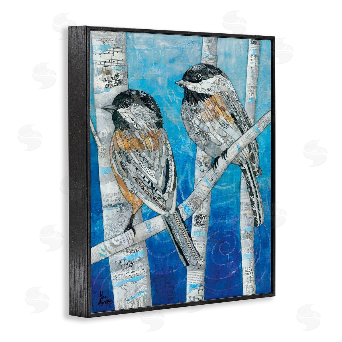 Lisa Morales Chickadees Perched Layered Ephemera Animal Birds  Black Framed Giclee Wall Art Print