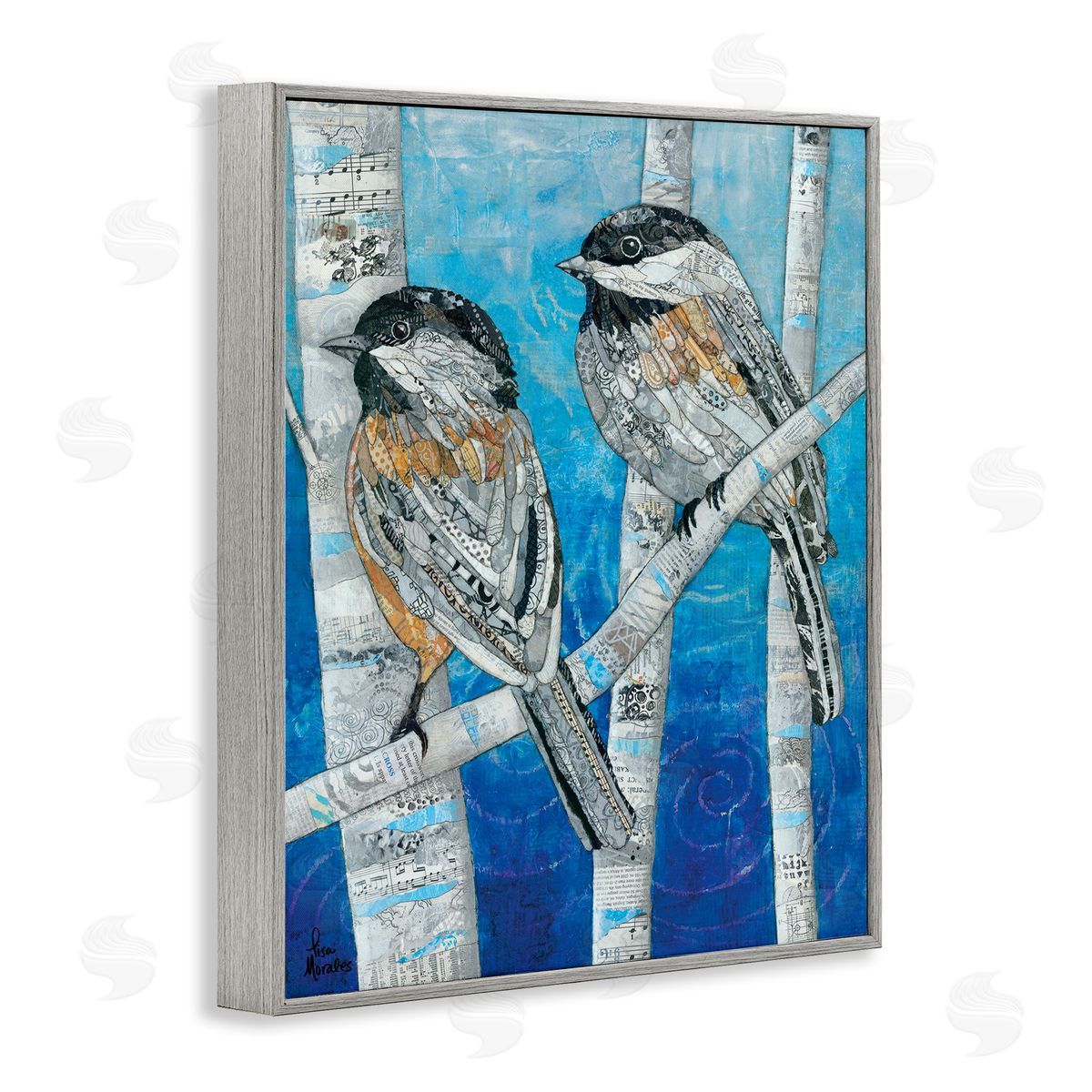Lisa Morales Chickadees Perched Layered Ephemera Animal Birds  Gray Framed Giclee Wall Art Print