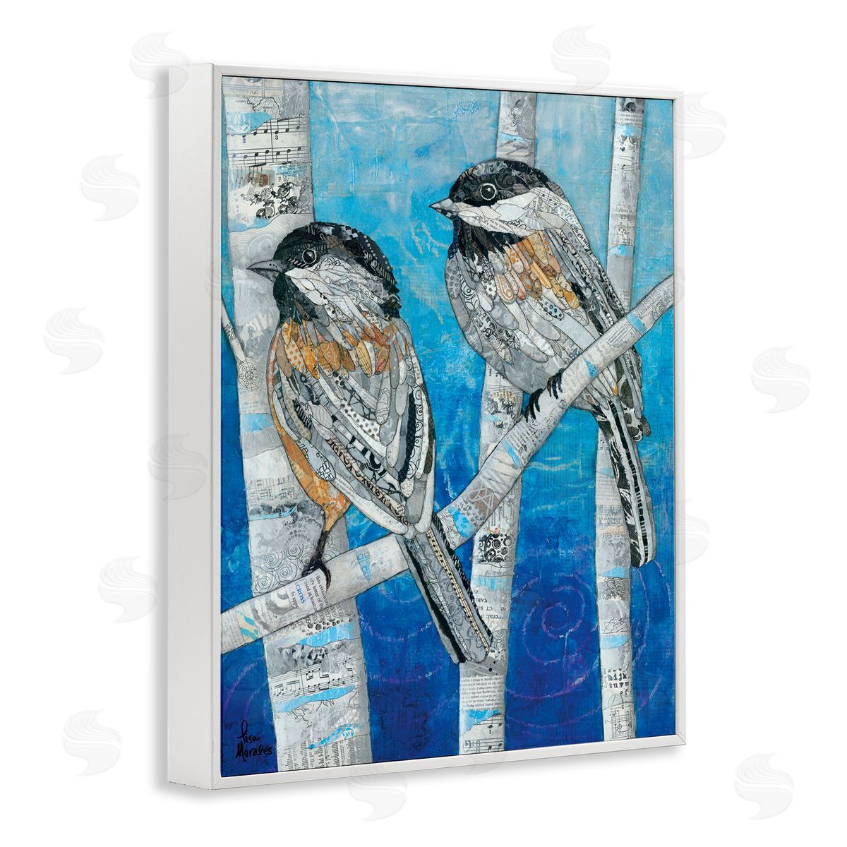 Lisa Morales Chickadees Perched Layered Ephemera Animal Birds  White Framed Giclee Wall Art Print