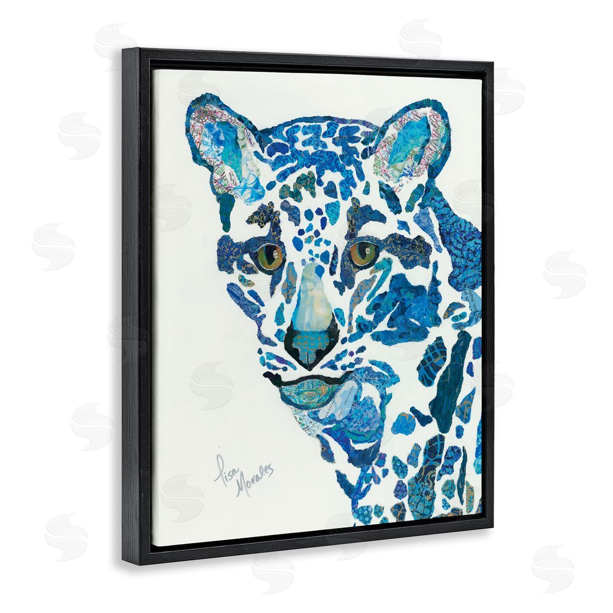 Lisa Morales Clouded Leopard d Blue Patterns Wildlife Animal Black Floating Frame Canvas Wall Art Print