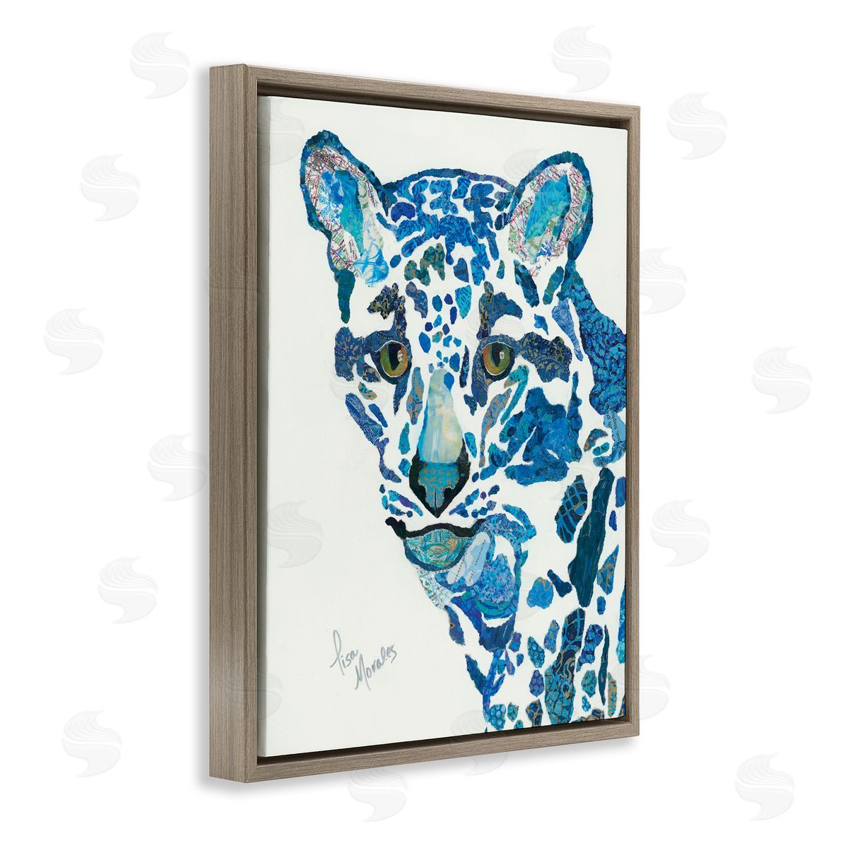 Lisa Morales Clouded Leopard d Blue Patterns Wildlife Animal Brown Floating Frame Canvas Wall Art Print