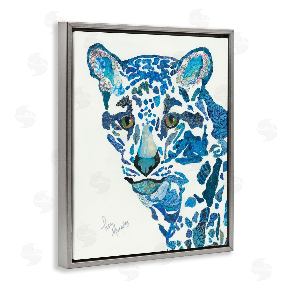 Lisa Morales Clouded Leopard d Blue Patterns Wildlife Animal Gray Floating Frame Canvas Wall Art Print