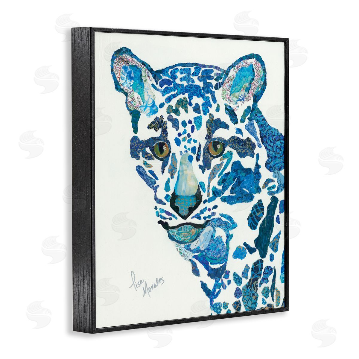 Lisa Morales Clouded Leopard d Blue Patterns Wildlife Animal Black Framed Giclee Wall Art Print