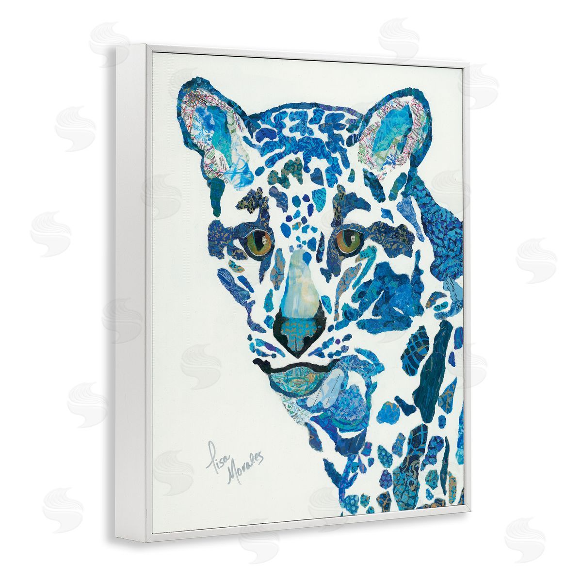 Lisa Morales Clouded Leopard d Blue Patterns Wildlife Animal White Framed Giclee Wall Art Print