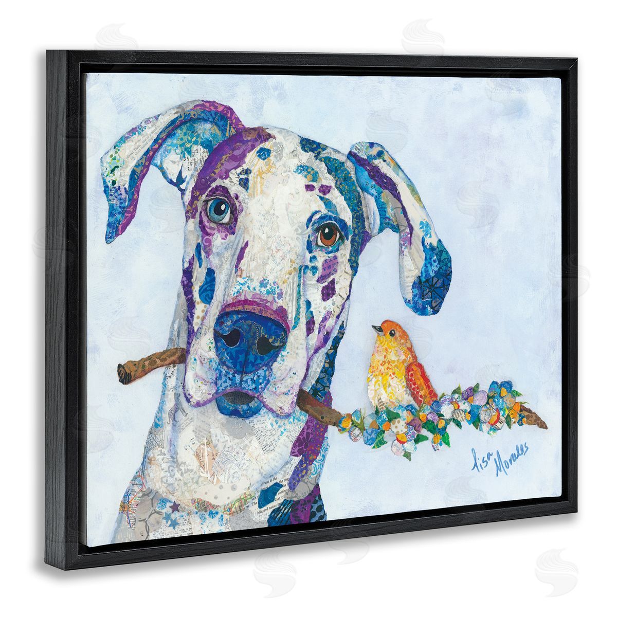 Lisa Morales Dane & Songbird Perched Branch Floral Dog  Black Floating Frame Canvas Wall Art Print