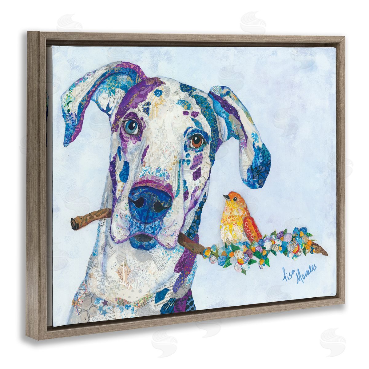 Lisa Morales Dane & Songbird Perched Branch Floral Dog  Brown Floating Frame Canvas Wall Art Print
