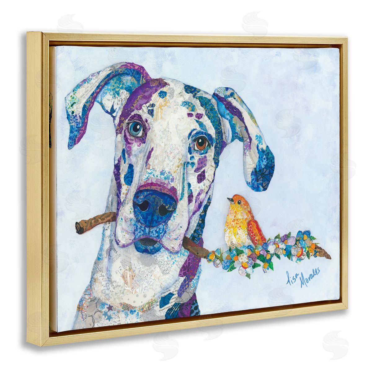 Lisa Morales Dane & Songbird Perched Branch Floral Dog  Gold Floating Frame Canvas Wall Art Print