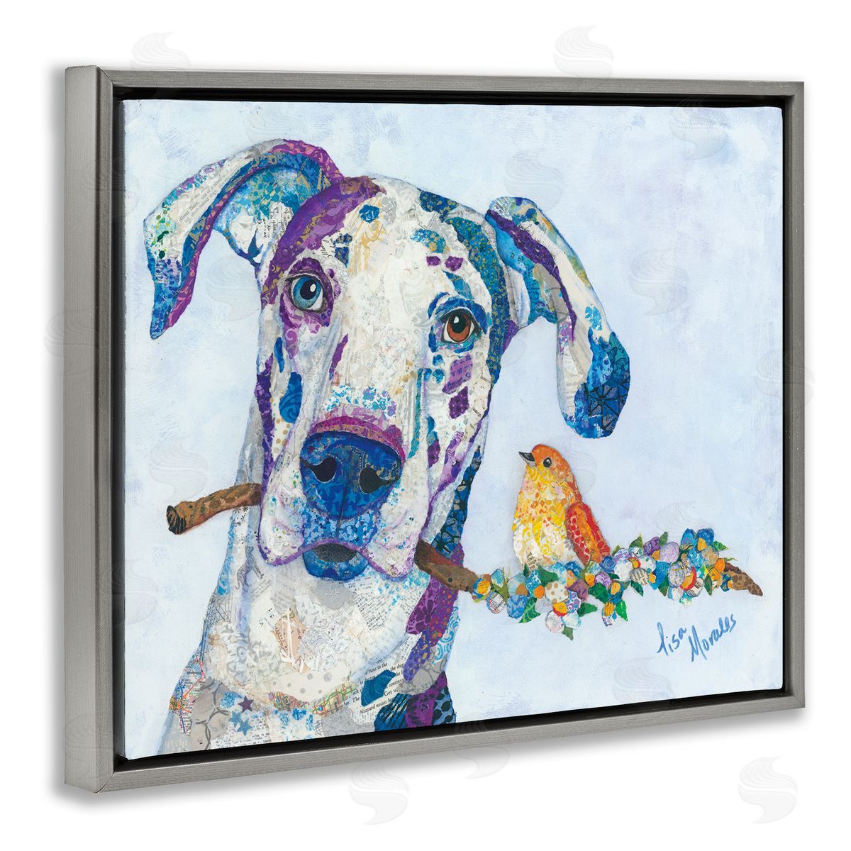 Lisa Morales Dane & Songbird Perched Branch Floral Dog  Gray Floating Frame Canvas Wall Art Print